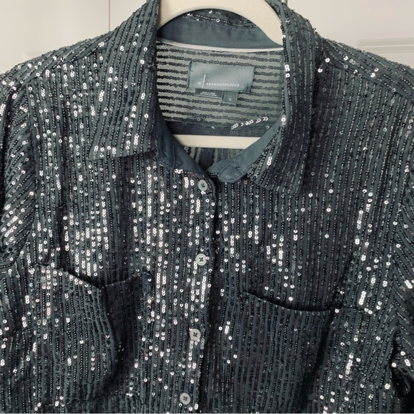 Anthropologie Dark Gray Sequin Button up Shirt - Picture 2 of 3